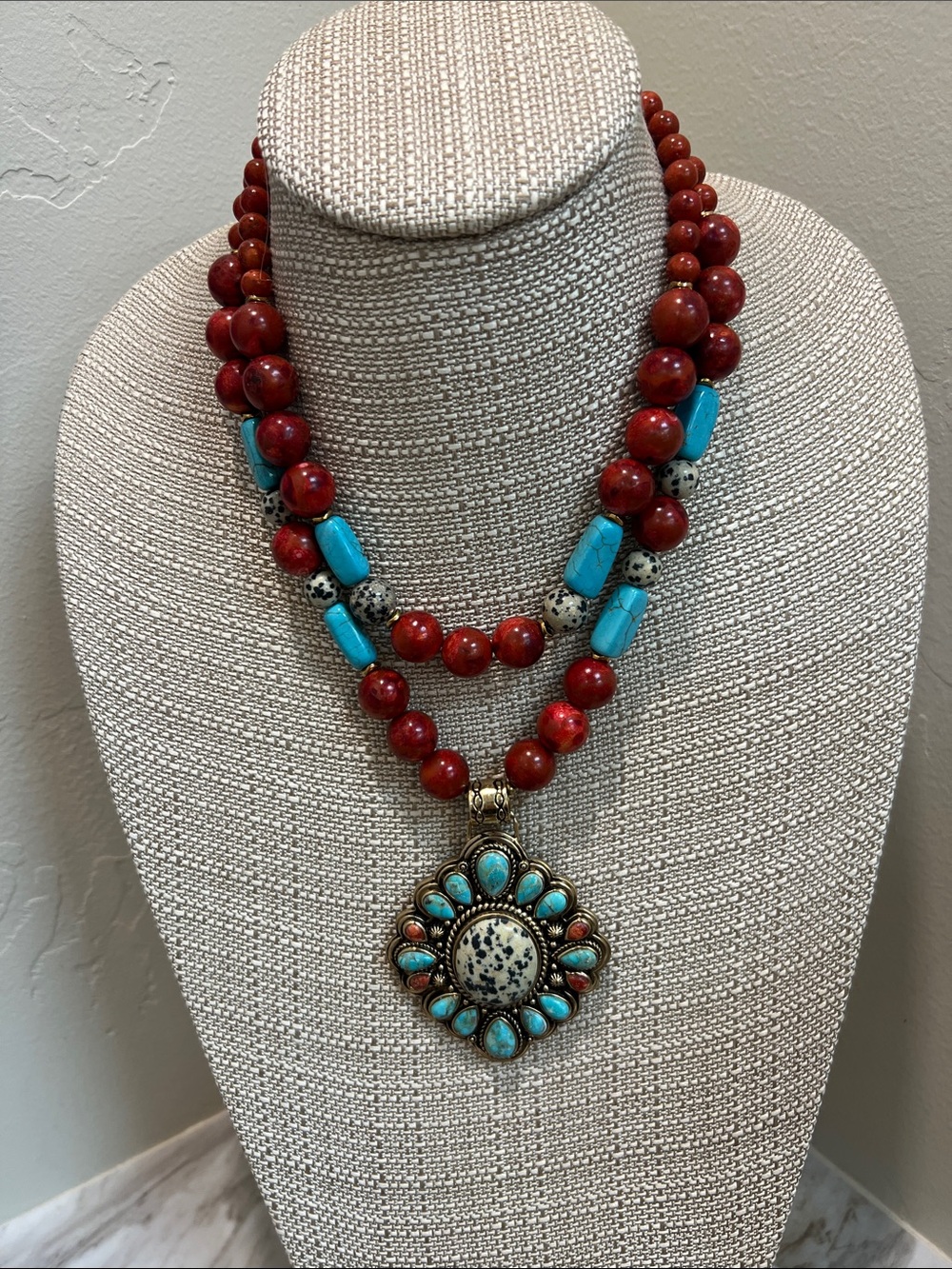 Turquoise & Red Bead Pendant Necklace - Unbranded Women Jewelry